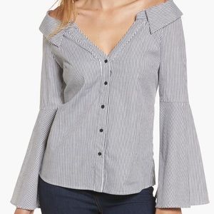 Socialite Bell Sleeve Black & White Stripe Portrait Neck Button Up - Size Large